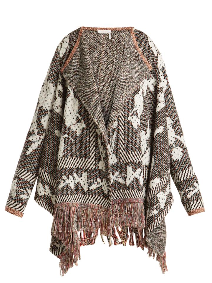 See By Chloé Fringed Floral And Geometric-jacquard Cardigan