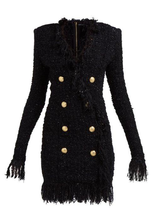 Matchesfashion.com Balmain - Crest Embossed Double Breasted Tweed Mini Dress - Womens - Black