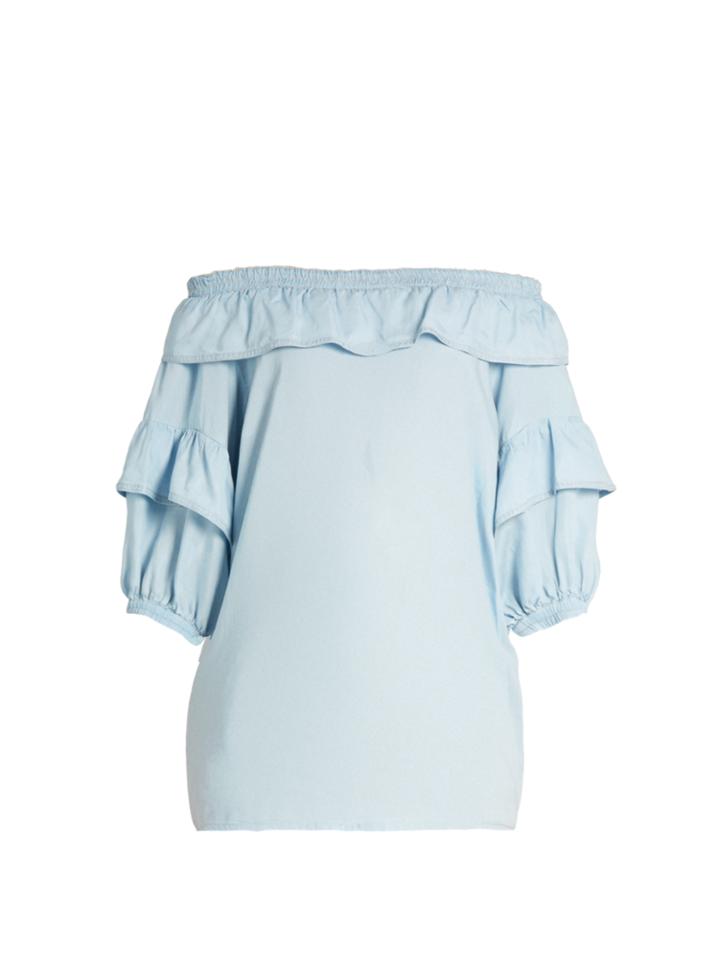 Sonia Rykiel Off-the-shoulder Ruffled Chambray Top