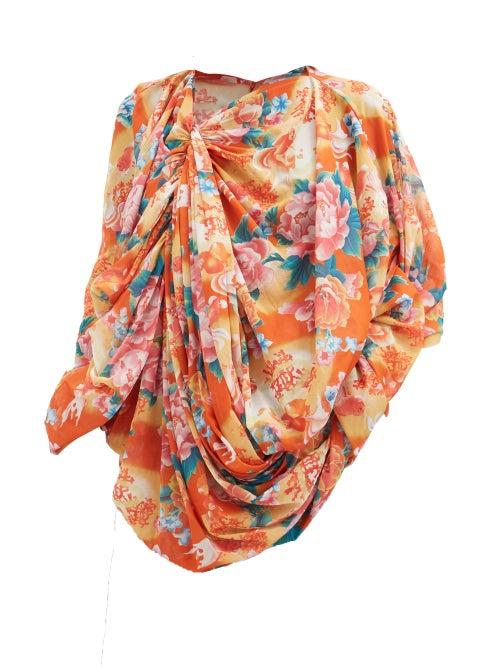 Junya Watanabe - Gathered Koi-print Cotton Blouse - Womens - Orange Multi
