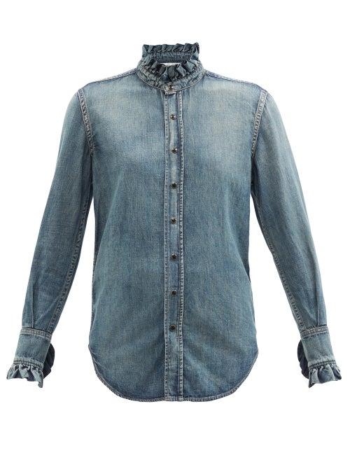 Ladies Rtw Saint Laurent - Ruffled Denim Shirt - Womens - Denim