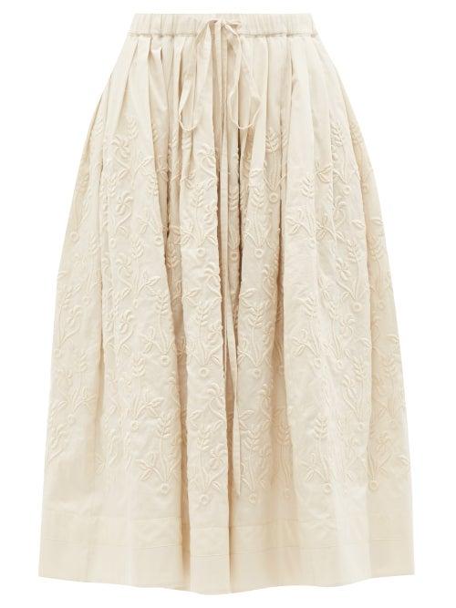 Zanini - Floral-embroidered Cotton-toile A-line Skirt - Womens - Cream