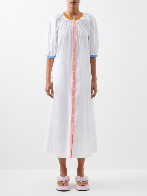 Staud - Vincent Gathered Cotton-blend Poplin Dress - Womens - White Multi