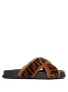 Matchesfashion.com Fendi - Ff Logo Printed Shearling Slides - Womens - Brown Multi