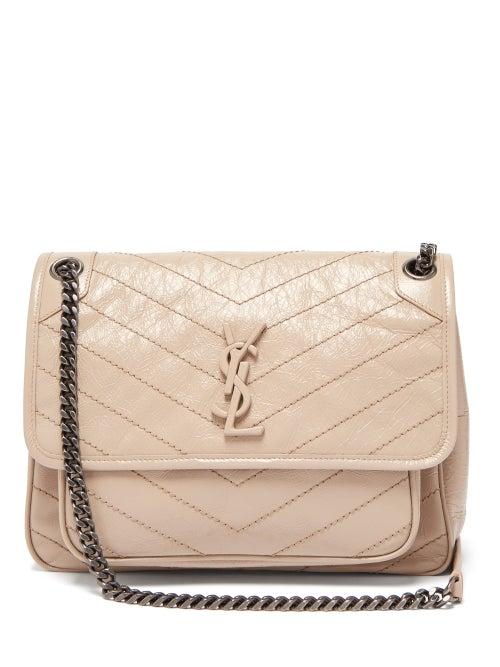 Matchesfashion.com Saint Laurent - Niki Chevron Quilted Crinkle Effect Leather Bag - Womens - Beige