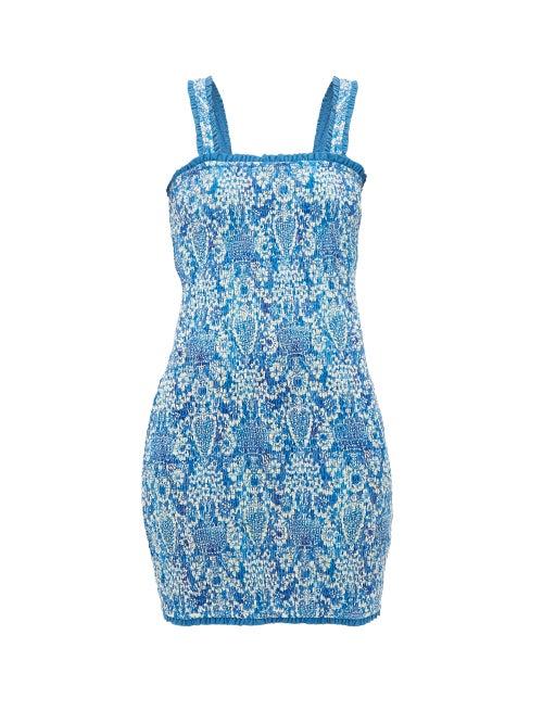 Matchesfashion.com Rhode - Jasmine Smocked Cotton Mini Dress - Womens - Blue Print
