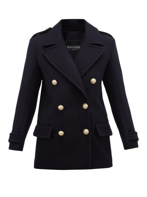 Matchesfashion.com Balmain - Double Breasted Felted Virgin Wool Coat - Womens - Navy