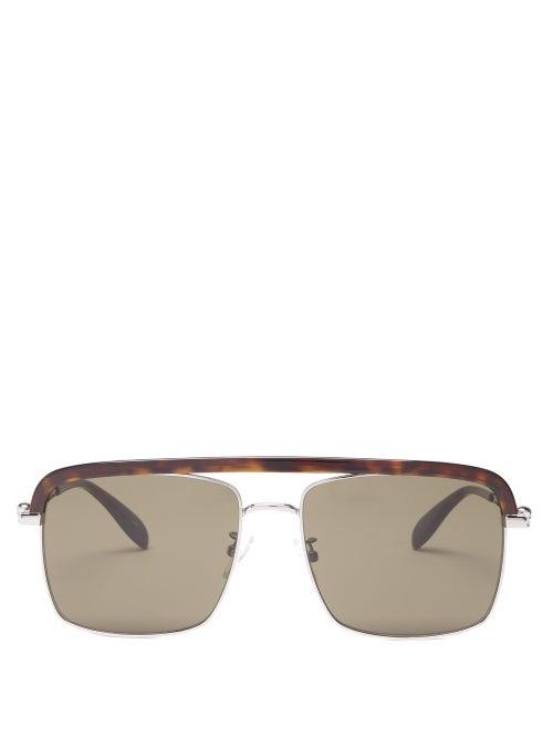 Matchesfashion.com Alexander Mcqueen - Tortoiseshell-trimmed Aviator Metal Sunglasses - Womens - Grey Multi