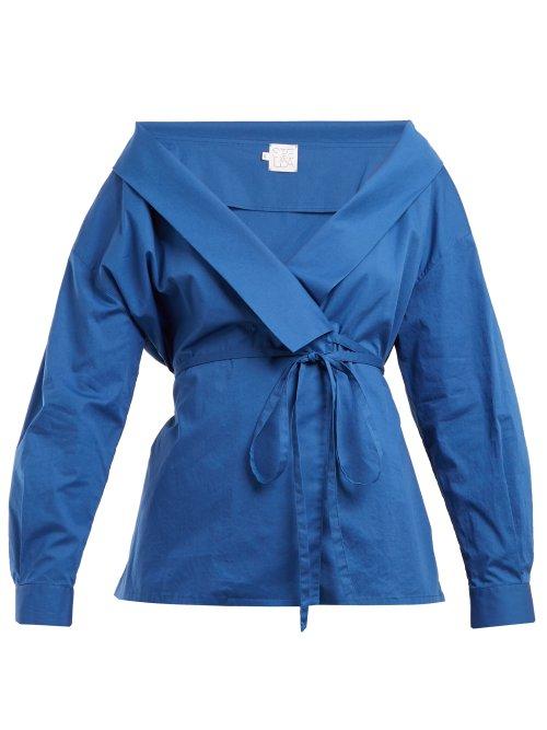 Matchesfashion.com Stella Jean - Tie Waist Stretch Cotton Wrap Top - Womens - Blue