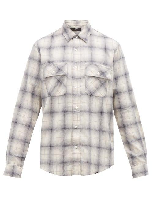 Matchesfashion.com Amiri - Leather Logo Appliqu Cotton Flannel Shirt - Mens - Blue White