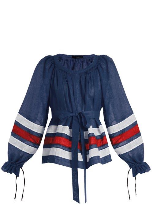Matchesfashion.com Vita Kin - Maldives Striped Lightweight Linen Blouse - Womens - Navy Multi