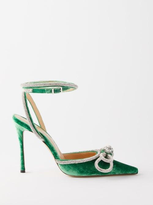 Mach & Mach - Double Bow 110 Crystal And Velvet Sandals - Womens - Green