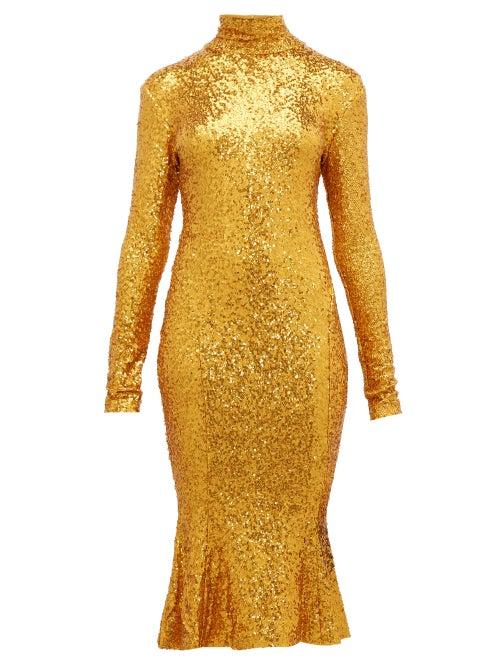 Matchesfashion.com Norma Kamali - High Neck Sequinned Fishtail Hem Dress - Womens - Gold