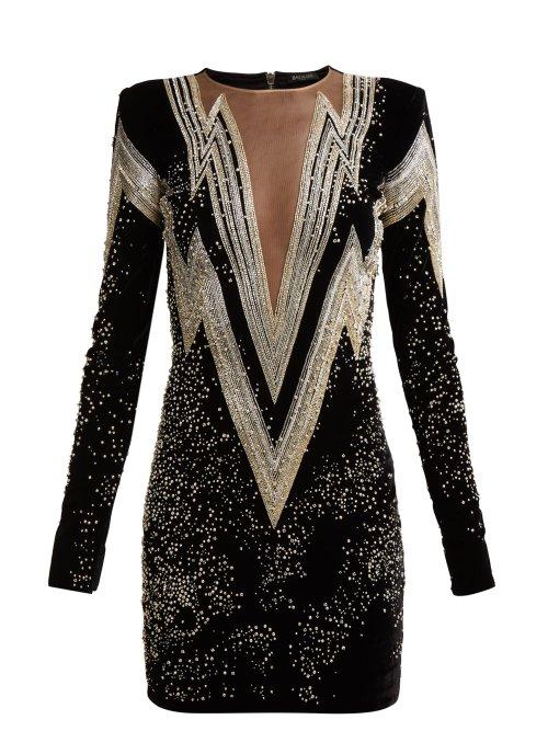 Matchesfashion.com Balmain - Crystal And Bead Embroidered Velvet Mini Dress - Womens - Black Silver