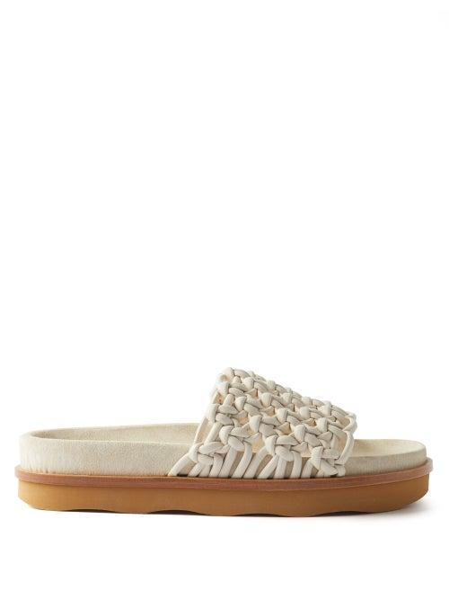 Chlo - Crochet-strap Leather And Suede Slides - Womens - Cream