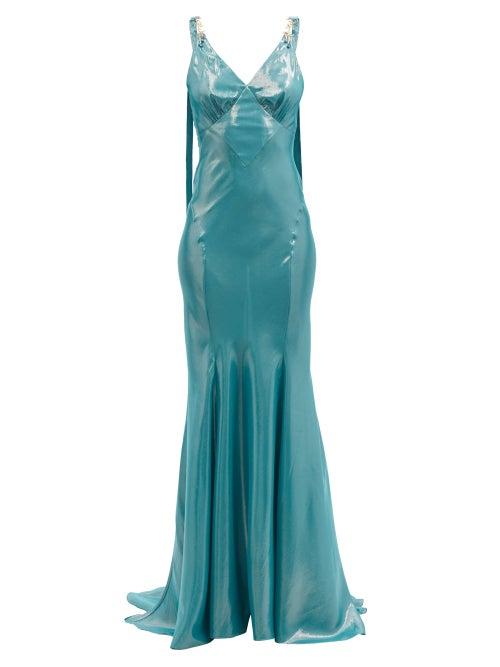 Common Hours - Embellished-shoulder Silk-blend Lurex Maxi Dress - Womens - Blue