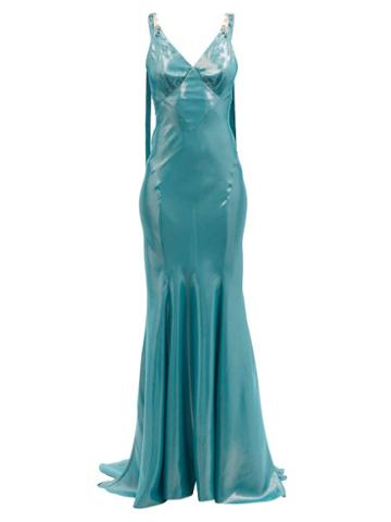 Common Hours - Embellished-shoulder Silk-blend Lurex Maxi Dress - Womens - Blue
