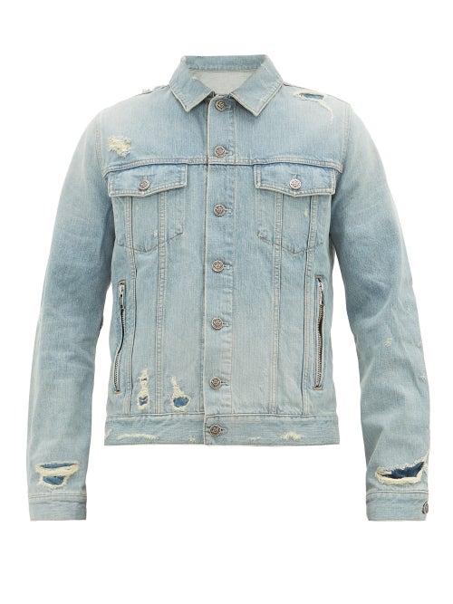 Matchesfashion.com Balmain - Distressed Logo-embossed Denim Jacket - Mens - Light Blue