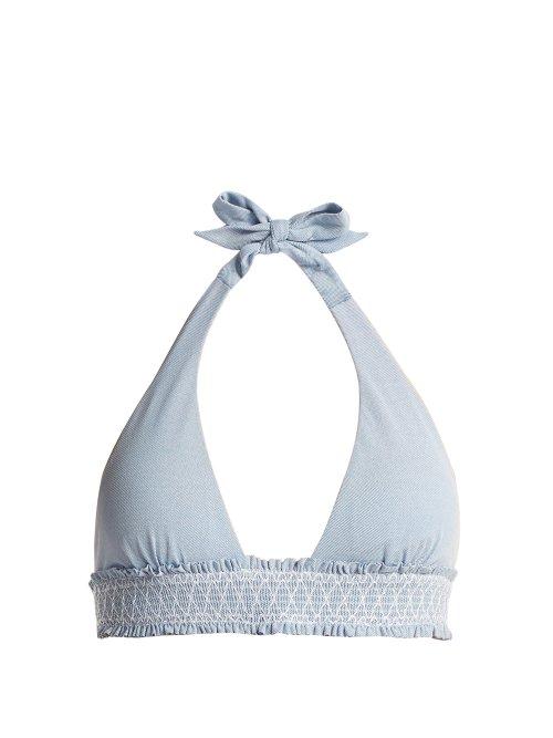 Matchesfashion.com Heidi Klein - Cassis Smocked Halter Bikini Top - Womens - Light Blue