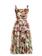 Matchesfashion.com Dolce & Gabbana - Rose Print Tiered Silk Chiffon Midi Dress - Womens - White Multi