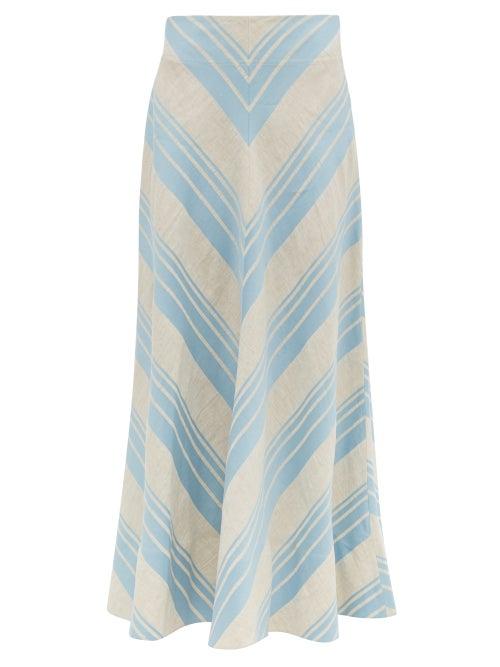 Matchesfashion.com Lee Mathews - Tilda Striped Linen Blend Skirt - Womens - Light Blue