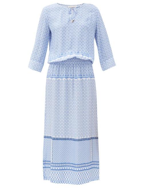 Matchesfashion.com Heidi Klein - Malta Draped-bodice Tile-print Poplin Midi Dress - Womens - Blue Print