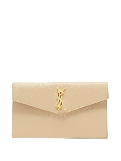 Saint Laurent - Uptown Logo-plaque Pebbled-leather Pouch - Womens - Beige
