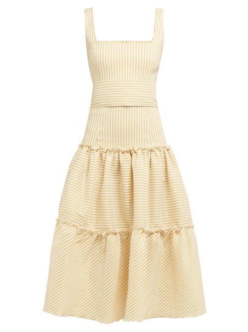 Matchesfashion.com Luisa Beccaria - Tiered Striped Linen Blend Midi Dress - Womens - Yellow Print