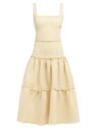 Matchesfashion.com Luisa Beccaria - Tiered Striped Linen Blend Midi Dress - Womens - Yellow Print