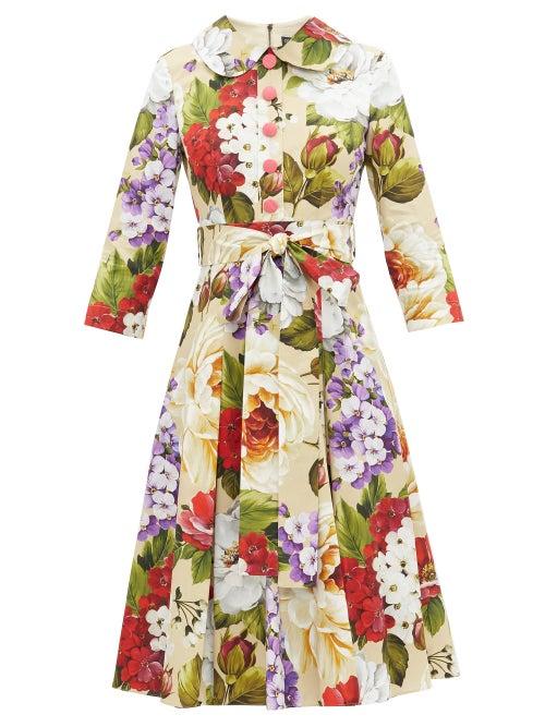 Matchesfashion.com Dolce & Gabbana - Peter Pan-collar Floral-print Cotton Dress - Womens - Beige Print