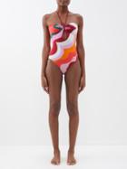 Etro - Halterneck Keyhole Printed Swimsuit - Womens - Orange Multi