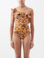 Ulla Johnson - Ruffled One-shoulder Floral-print Swimsuit - Womens - Orange Print