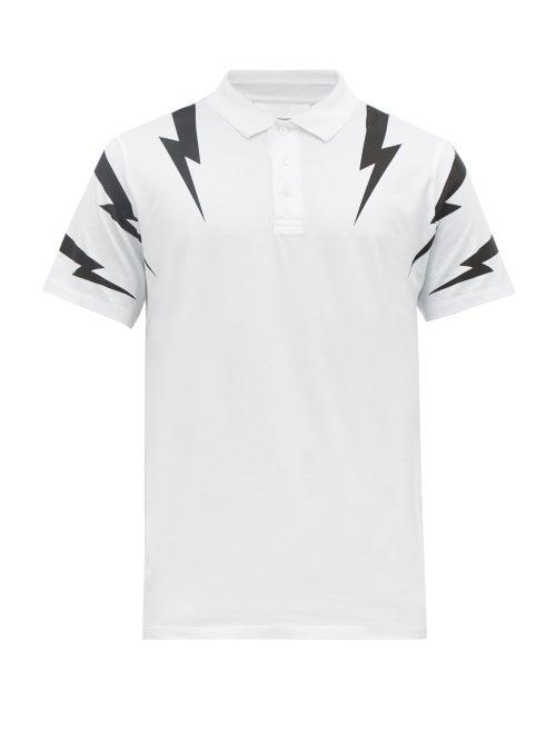 Matchesfashion.com Neil Barrett - Thunderbolt Print Cotton Polo Shirt - Mens - White Black