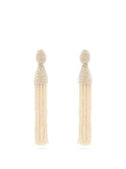 Matchesfashion.com Oscar De La Renta - Beaded Tassel Drop Earrings - Womens - Ivory