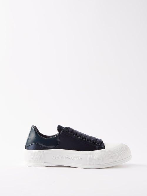 Alexander Mcqueen - Deck Satin And Leather Trainers - Womens - Navy
