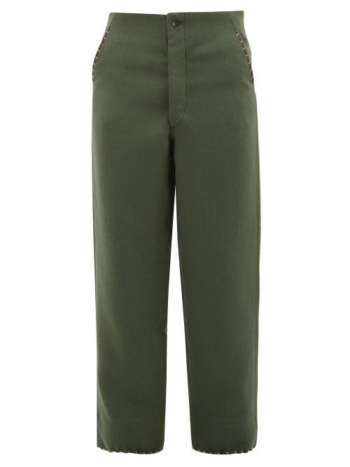 Matchesfashion.com Bode - Souvenir Cross Stitched High Rise Wool Trousers - Mens - Green