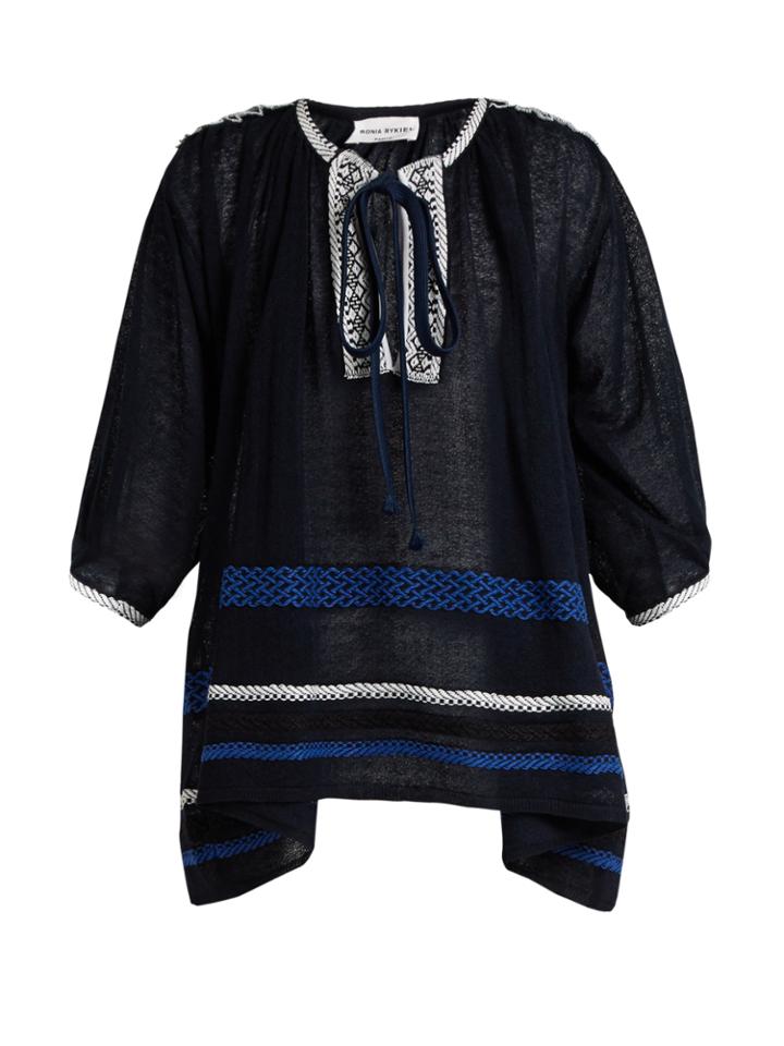 Sonia Rykiel Braid-embroidered Tie-neck Knitted-voile Top