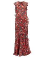 Matchesfashion.com Saloni - Tamara-b Monkey-print Frilled Silk Dress - Womens - Red Multi