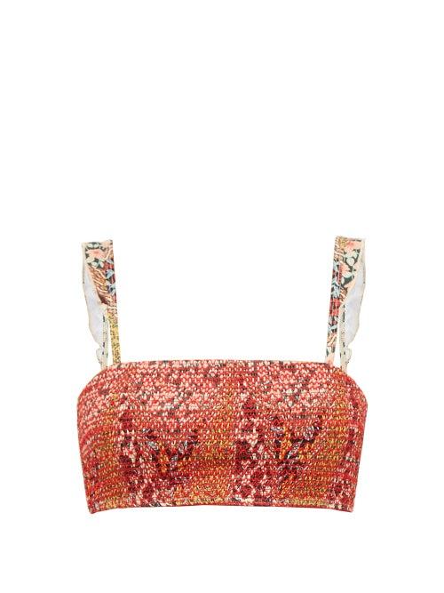 Matchesfashion.com The Upside - Tia Shirred Poppy-print Bandeau Bikini Top - Womens - Green Multi