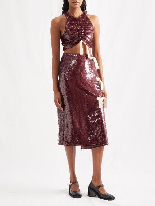 Ganni - Gathered Sequinned Cropped Top - Womens - Burgundy