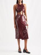 Ganni - Gathered Sequinned Cropped Top - Womens - Burgundy