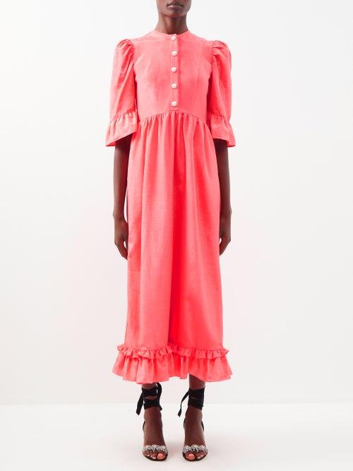 Batsheva - Ella Ruffle-trim Moir Midi Dress - Womens - Pink