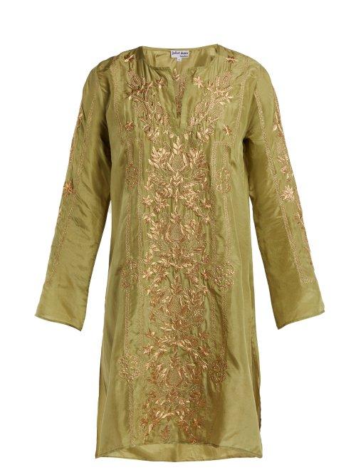 Matchesfashion.com Juliet Dunn - Floral Embroidered Silk Kaftan - Womens - Green Gold