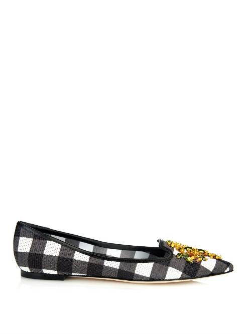 Dolce & Gabbana Bellucci Embellished Gingham Woven Flats