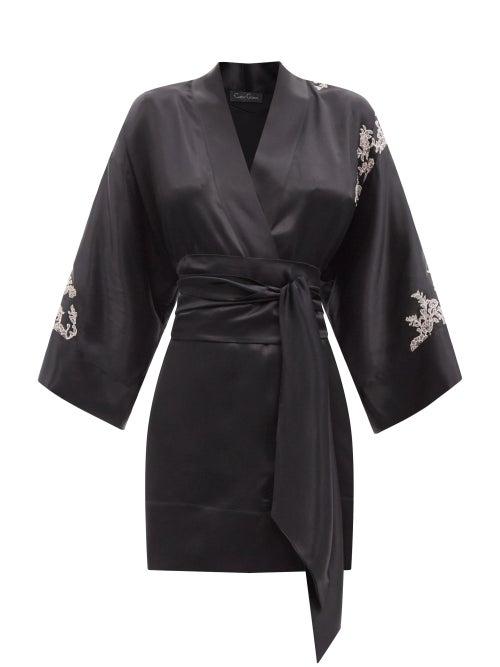 Ladies Lingerie Carine Gilson - Caudry Lace-trimmed Silk-satin Short Robe - Womens - Black