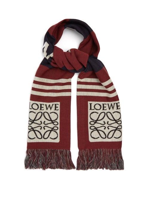 Matchesfashion.com Loewe - Logo Jacquard Wool Piqu Scarf - Mens - Burgundy
