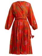 Matchesfashion.com Rhode Resort - Devi Floral Print Tie Waist Cotton Dress - Womens - Orange Print