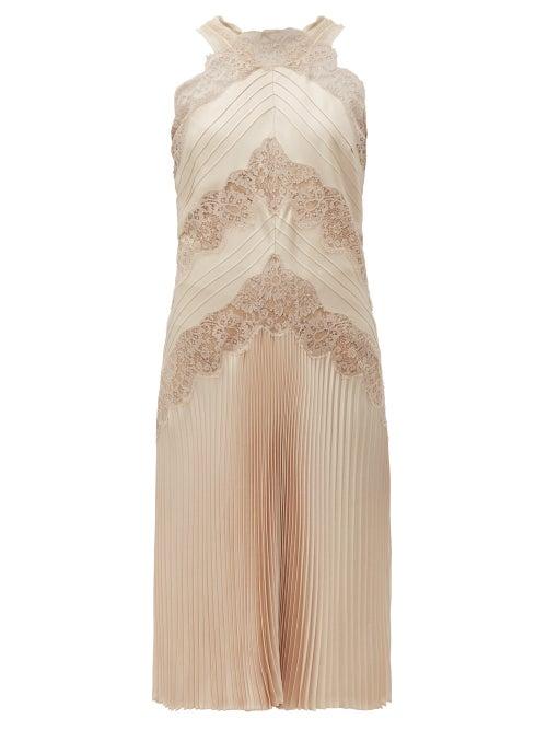 Matchesfashion.com Fendi - Chantilly Lace Halterneck Charmeuse Dress - Womens - Nude