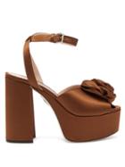 Matchesfashion.com Miu Miu - Rose Appliqud Satin Platform Sandals - Womens - Brown