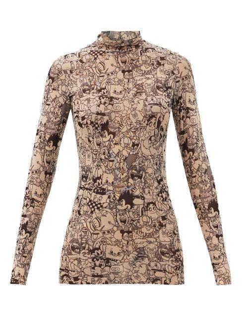 Matchesfashion.com Vetements - Cartoon-print Roll-neck Mesh Long-sleeved Top - Womens - Multi